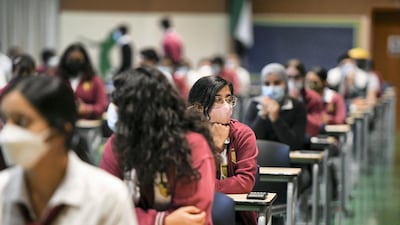 Year 11 pupils wait to sit their maths exams at Gems Cambridge International School in Baniyas in January. All UK curriculum exam boards have now cancelled summer exams. All photos by Khushnum Bhandari for The National